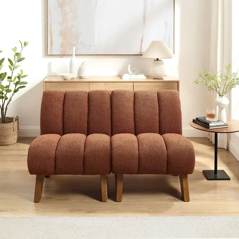 Causeuse moderne sans accoudoirs en tissu bouclé avec pieds en bois