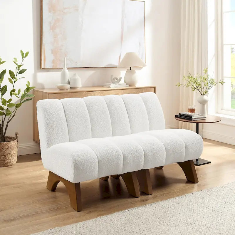 Causeuse moderne sans accoudoirs en tissu bouclé avec pieds en bois