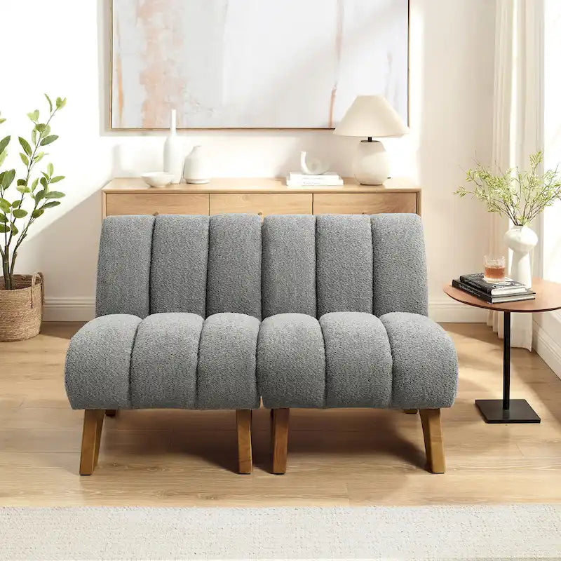 Causeuse moderne sans accoudoirs en tissu bouclé avec pieds en bois