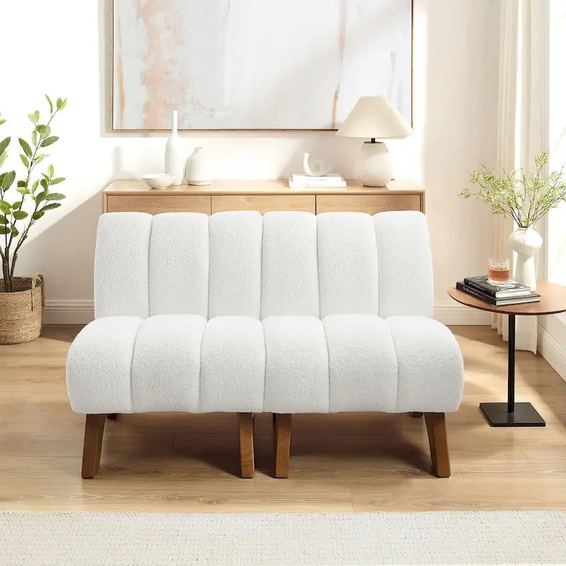 Causeuse moderne sans accoudoirs en tissu bouclé avec pieds en bois