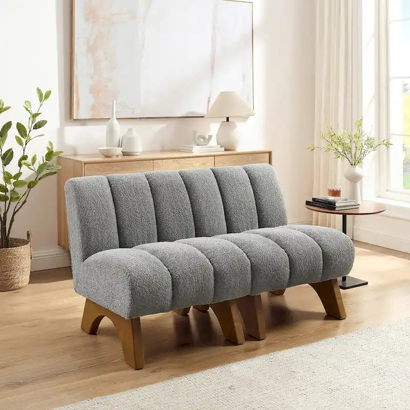 Causeuse moderne sans accoudoirs en tissu bouclé avec pieds en bois
