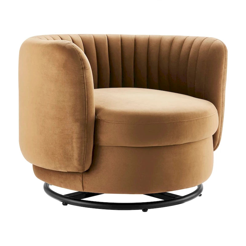 Fauteuil pivotant en velours capitonné avec dossier cannelé et base en métal noir