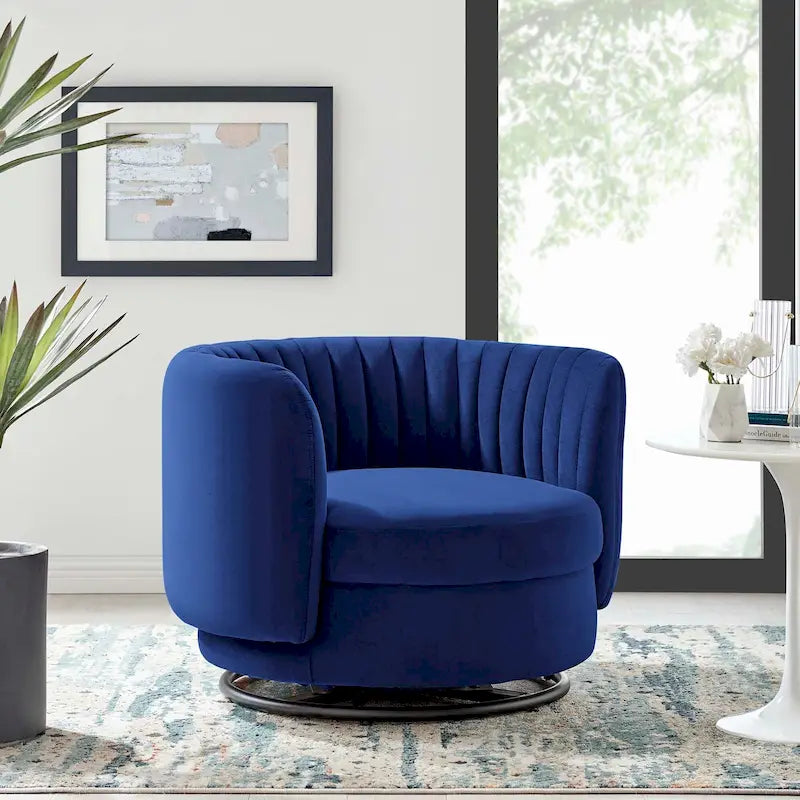 Fauteuil pivotant en velours capitonné avec dossier cannelé et base en métal noir