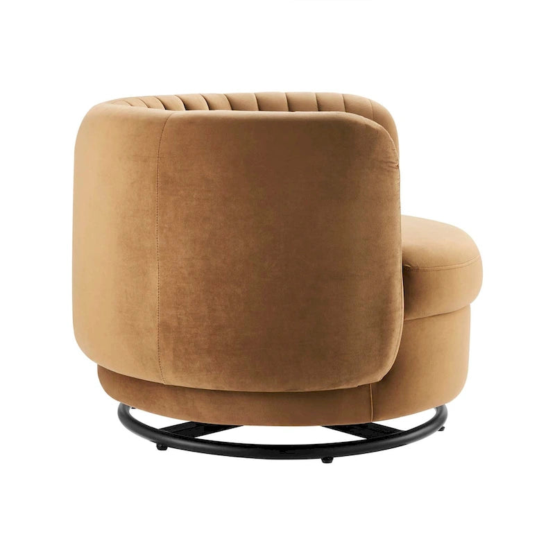 Fauteuil pivotant en velours capitonné avec dossier cannelé et base en métal noir