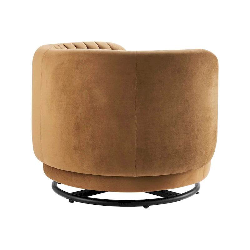 Fauteuil pivotant en velours capitonné avec dossier cannelé et base en métal noir