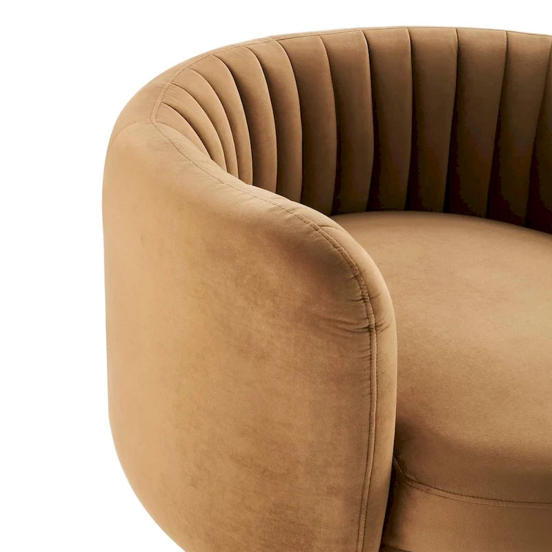 Fauteuil pivotant en velours capitonné avec dossier cannelé et base en métal noir