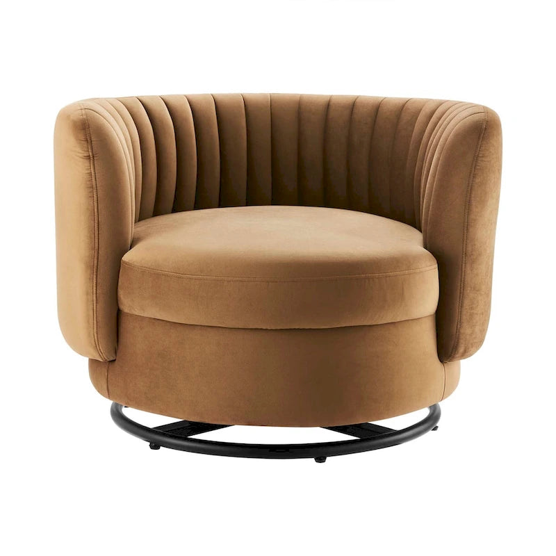 Fauteuil pivotant en velours capitonné avec dossier cannelé et base en métal noir