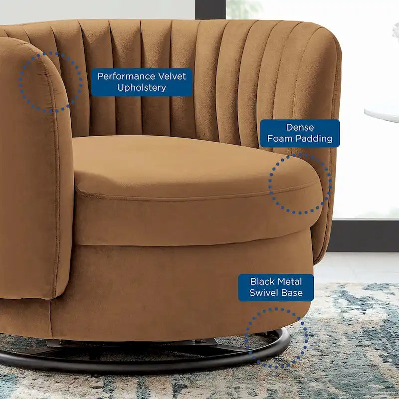 Fauteuil pivotant en velours capitonné avec dossier cannelé et base en métal noir
