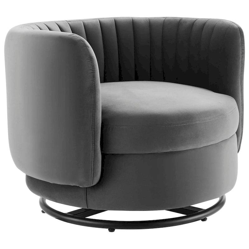 Fauteuil pivotant en velours capitonné avec dossier cannelé et base en métal noir
