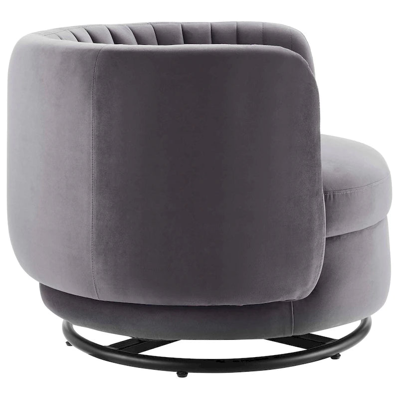Fauteuil pivotant en velours capitonné avec dossier cannelé et base en métal noir