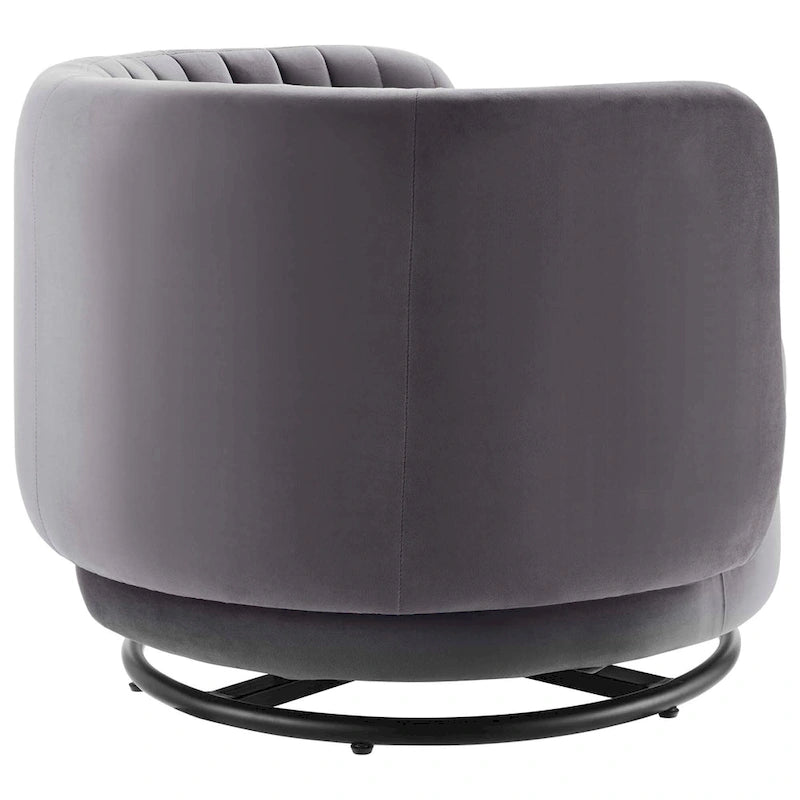Fauteuil pivotant en velours capitonné avec dossier cannelé et base en métal noir