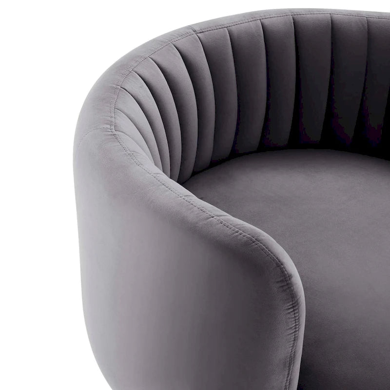 Fauteuil pivotant en velours capitonné avec dossier cannelé et base en métal noir