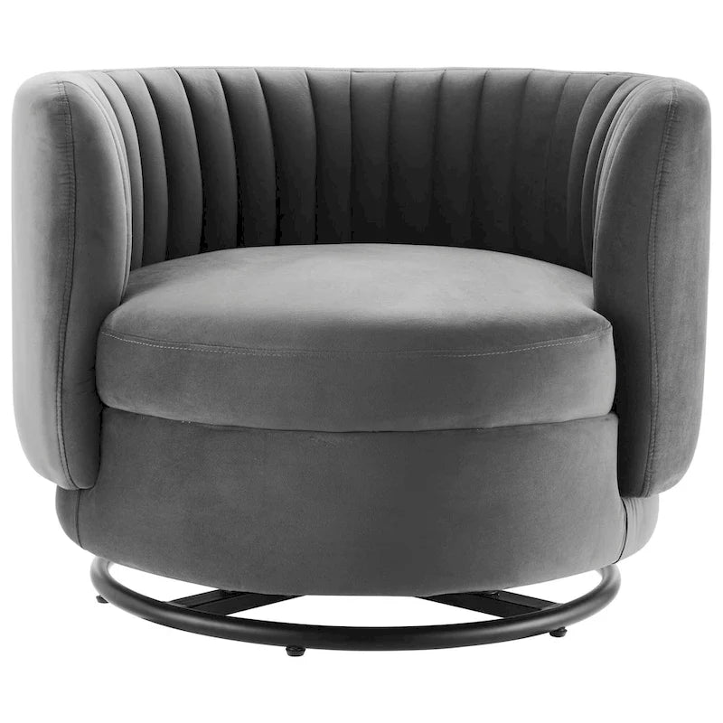 Fauteuil pivotant en velours capitonné avec dossier cannelé et base en métal noir