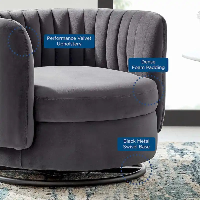 Fauteuil pivotant en velours capitonné avec dossier cannelé et base en métal noir