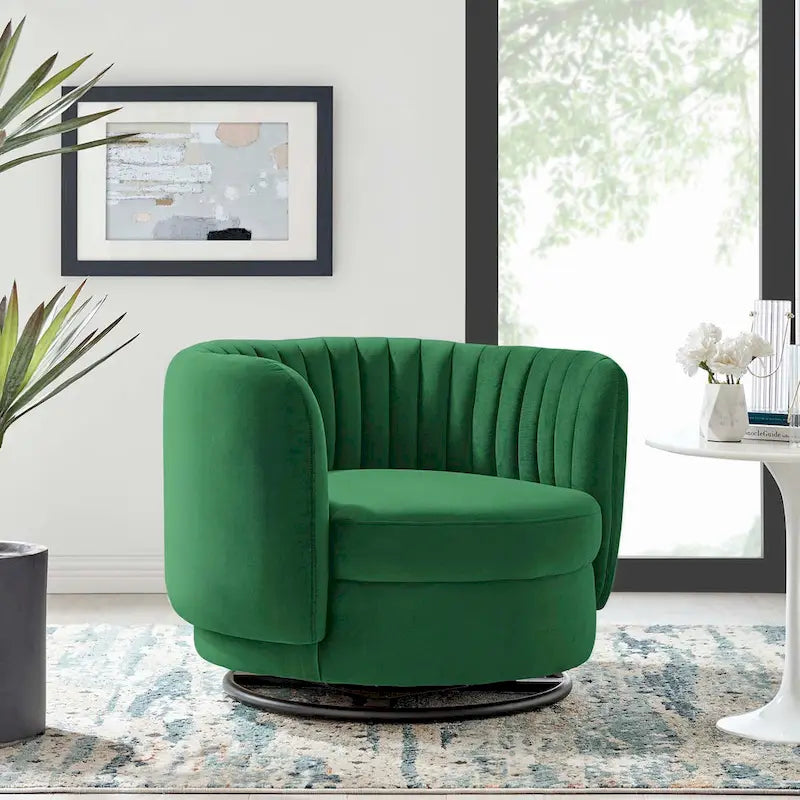 Fauteuil pivotant en velours capitonné avec dossier cannelé et base en métal noir