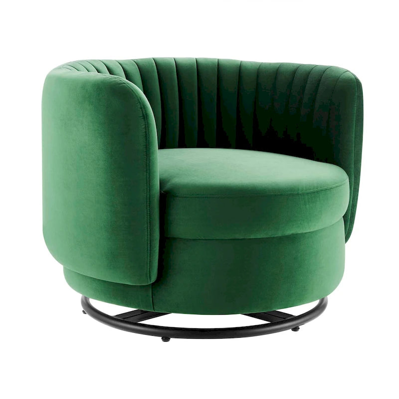 Fauteuil pivotant en velours capitonné avec dossier cannelé et base en métal noir