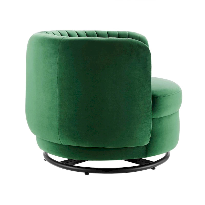 Fauteuil pivotant en velours capitonné avec dossier cannelé et base en métal noir