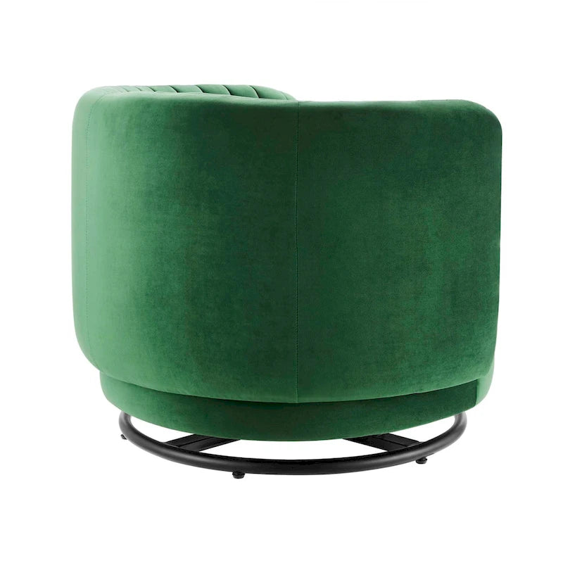 Fauteuil pivotant en velours capitonné avec dossier cannelé et base en métal noir