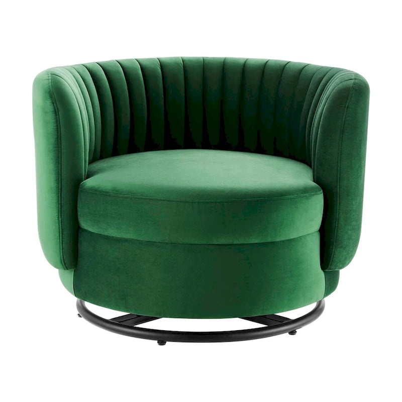 Fauteuil pivotant en velours capitonné avec dossier cannelé et base en métal noir