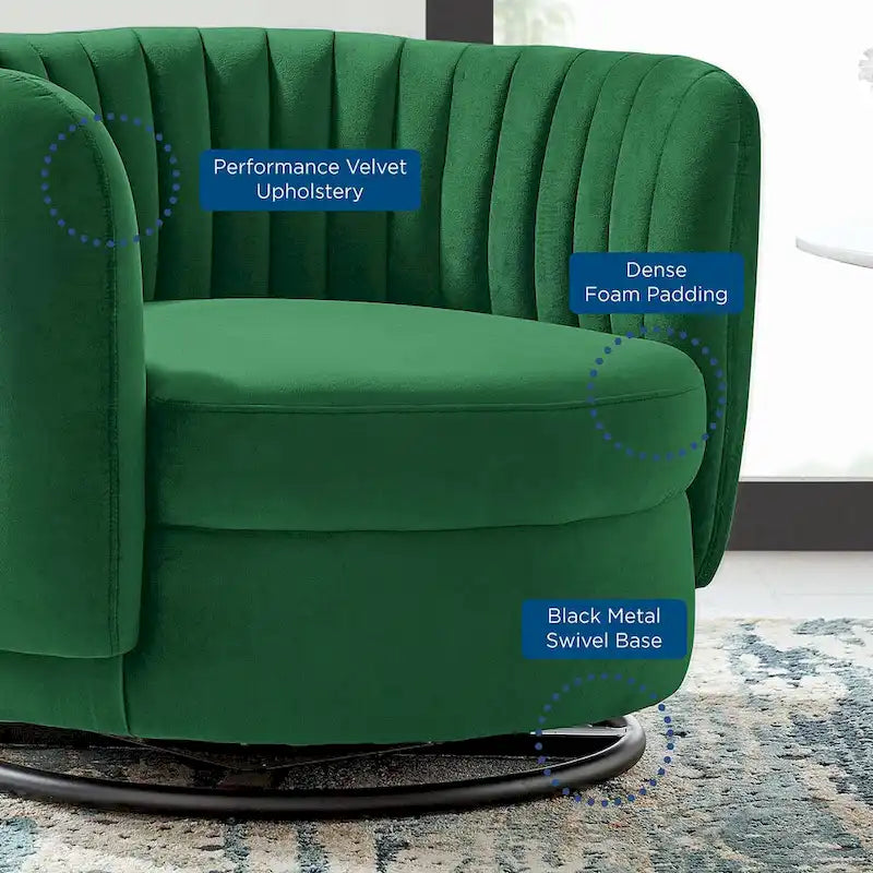 Fauteuil pivotant en velours capitonné avec dossier cannelé et base en métal noir