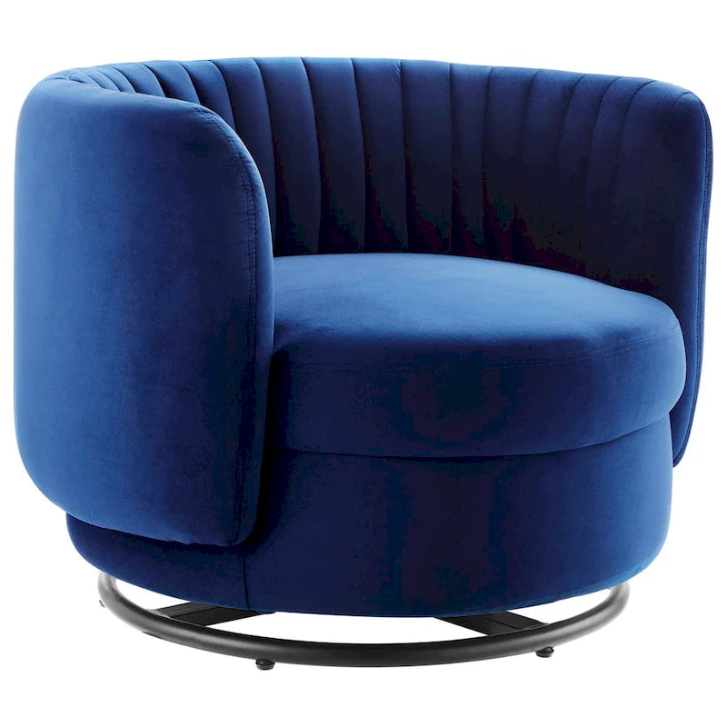 Fauteuil pivotant en velours capitonné avec dossier cannelé et base en métal noir