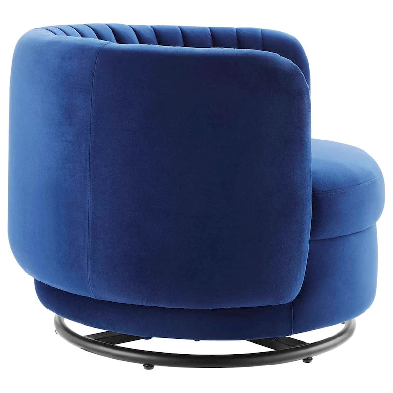 Fauteuil pivotant en velours capitonné avec dossier cannelé et base en métal noir
