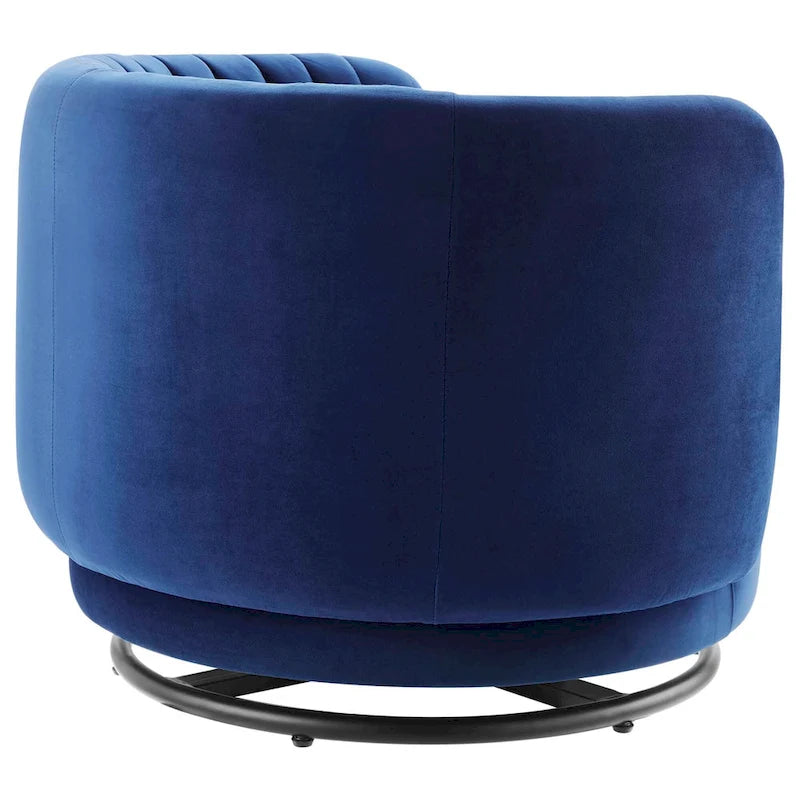 Fauteuil pivotant en velours capitonné avec dossier cannelé et base en métal noir
