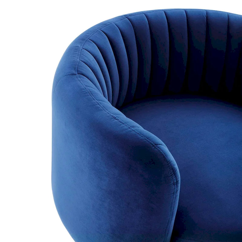 Fauteuil pivotant en velours capitonné avec dossier cannelé et base en métal noir