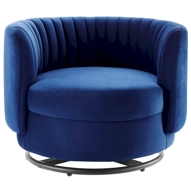 Fauteuil pivotant en velours capitonné avec dossier cannelé et base en métal noir