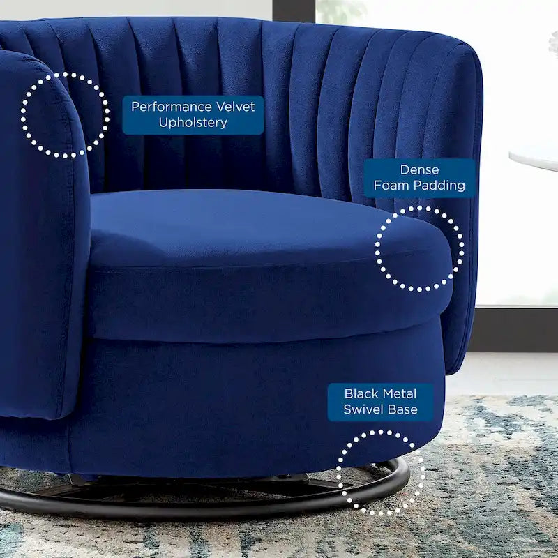 Fauteuil pivotant en velours capitonné avec dossier cannelé et base en métal noir