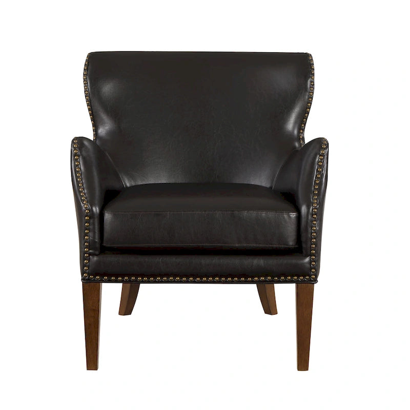 Fauteuil d'appoint à accoudoirs inclinés et pieds hauts en similicuir avec garniture cloutée, marron foncé
