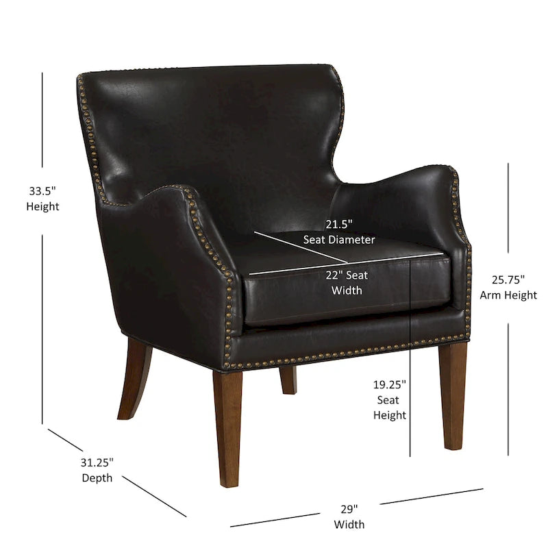 Fauteuil d'appoint à accoudoirs inclinés et pieds hauts en similicuir avec garniture cloutée, marron foncé