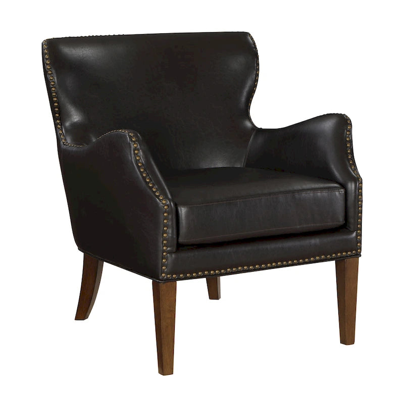 Fauteuil d'appoint à accoudoirs inclinés et pieds hauts en similicuir avec garniture cloutée, marron foncé
