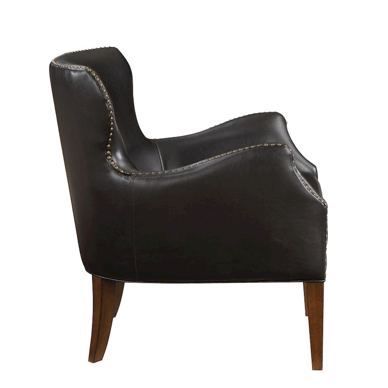 Fauteuil d'appoint à accoudoirs inclinés et pieds hauts en similicuir avec garniture cloutée, marron foncé