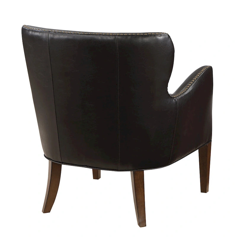 Fauteuil d'appoint à accoudoirs inclinés et pieds hauts en similicuir avec garniture cloutée, marron foncé