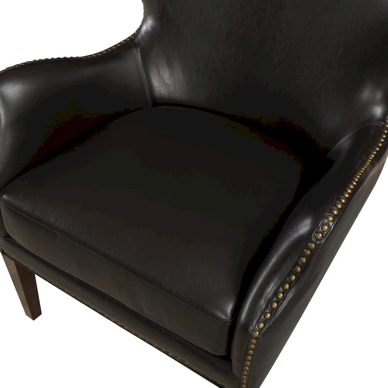 Fauteuil d'appoint à accoudoirs inclinés et pieds hauts en similicuir avec garniture cloutée, marron foncé