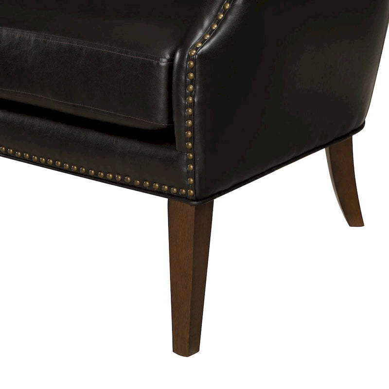 Fauteuil d'appoint à accoudoirs inclinés et pieds hauts en similicuir avec garniture cloutée, marron foncé