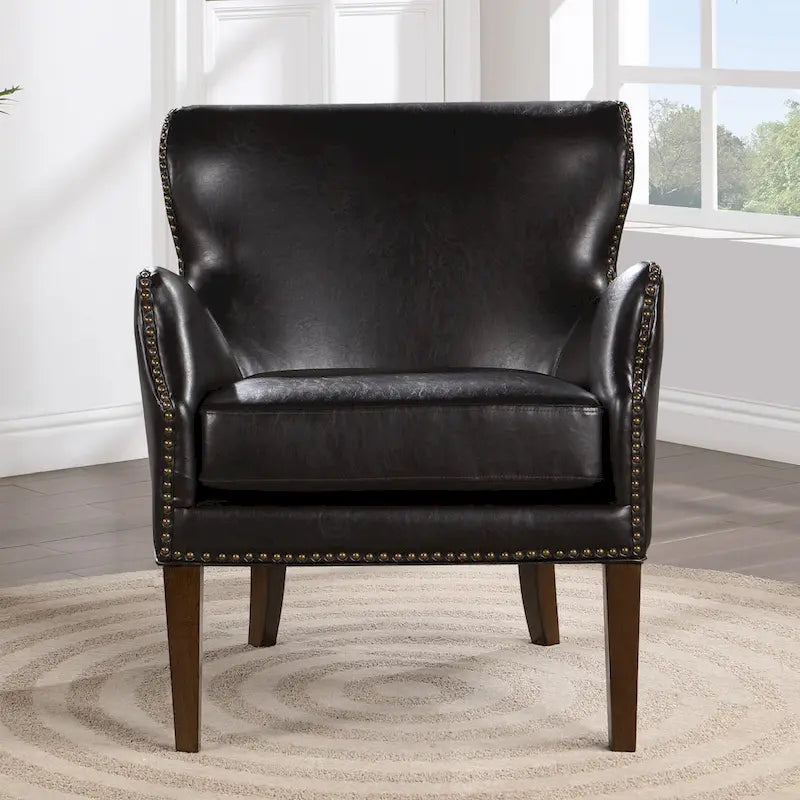 Fauteuil d'appoint à accoudoirs inclinés et pieds hauts en similicuir avec garniture cloutée, marron foncé