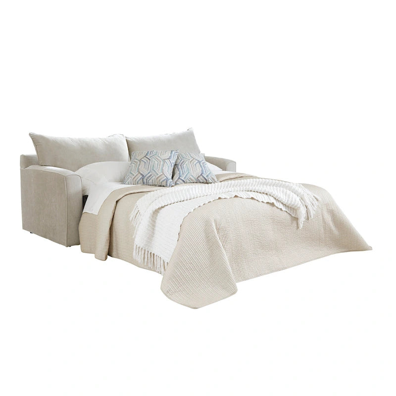 Canapé-lit en tissu gris avec matelas en mousse à mémoire de forme et coussins décoratifs