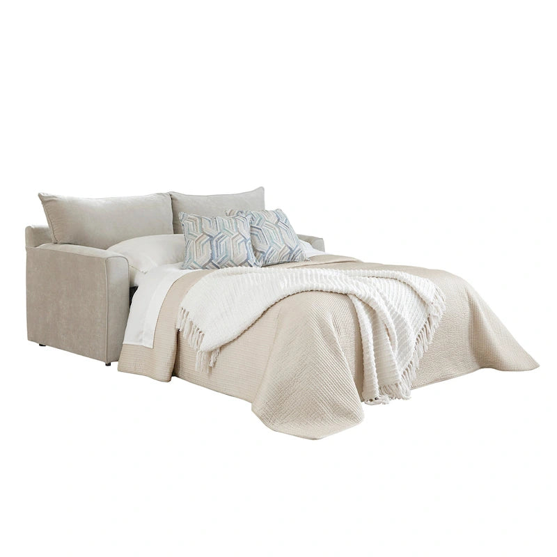Canapé-lit en tissu gris avec matelas en mousse à mémoire de forme et coussins décoratifs
