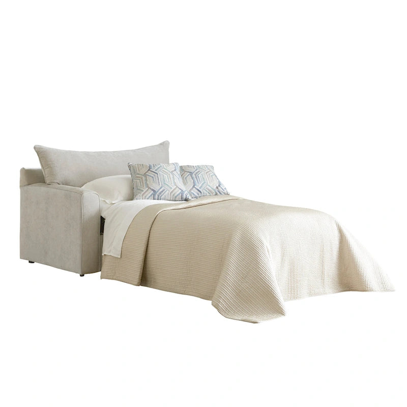 Canapé-lit en tissu gris avec matelas en mousse à mémoire de forme et coussins décoratifs