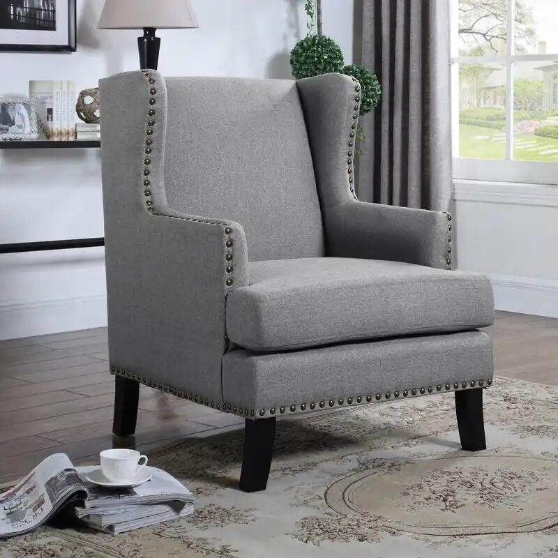 Fauteuil d'appoint à oreilles en lin classique, garniture cloutée, gris