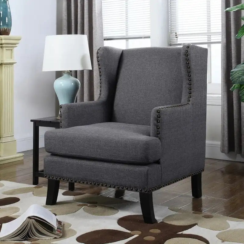 Fauteuil d'appoint à oreilles en lin classique, garniture cloutée, gris