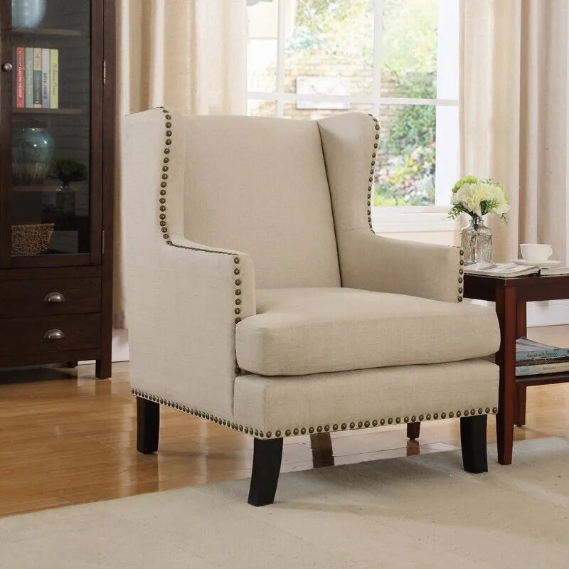 Fauteuil d'appoint à oreilles en lin classique, garniture cloutée, gris