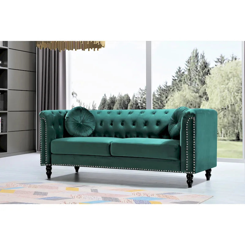Canapé Chesterfield classique capitonné en velours clouté avec coussin décoratif