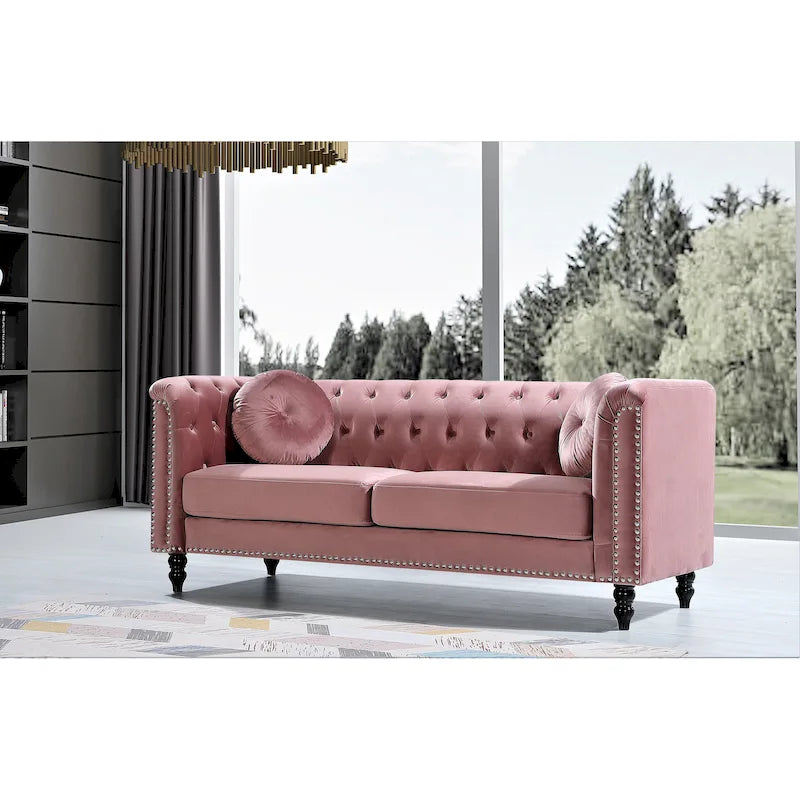 Canapé Chesterfield classique capitonné en velours clouté avec coussin décoratif