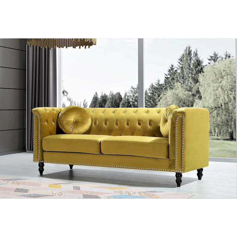 Canapé Chesterfield classique capitonné en velours clouté avec coussin décoratif