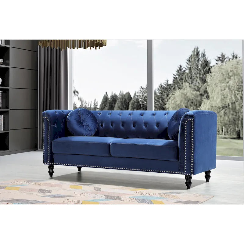 Canapé Chesterfield classique capitonné en velours clouté avec coussin décoratif
