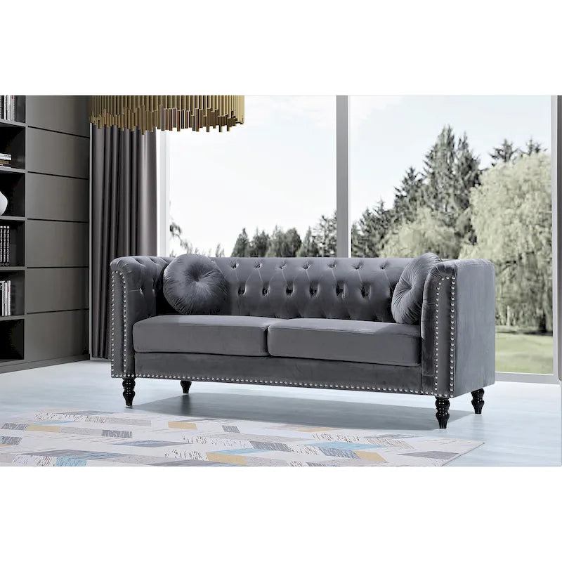 Canapé Chesterfield classique capitonné en velours clouté avec coussin décoratif