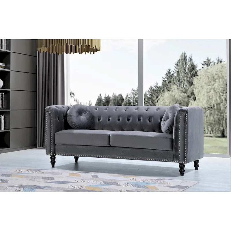 US Pride Vivian Classic Velvet Kittleson Nailhead Chesterfield Sofa